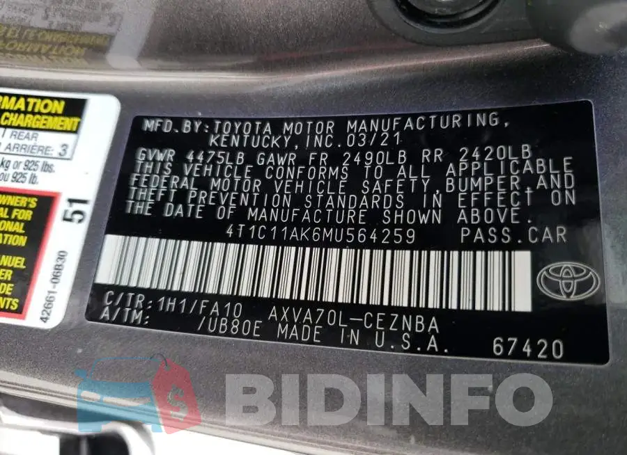 4T1C11AK6MU564259 Photo# 12
