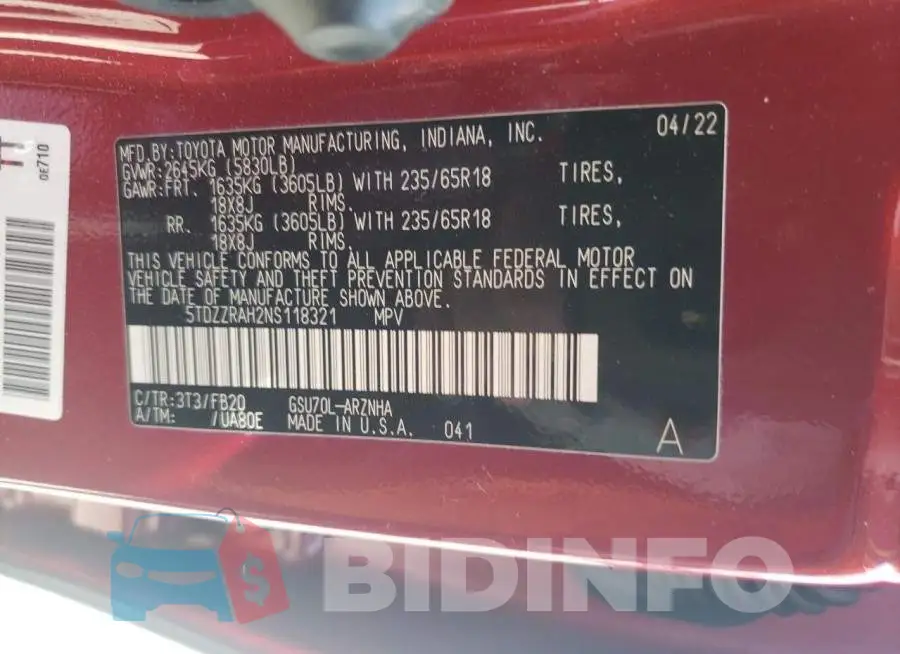 5TDZZRAH2NS118321 Photo# 14