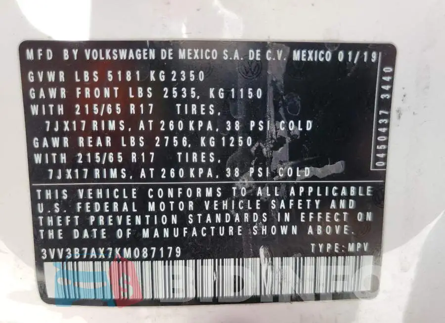 3VV3B7AX7KM087179 Photo# 13