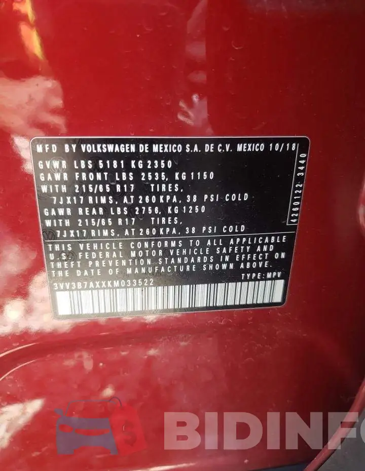 3VV3B7AXXKM033522 Photo# 13