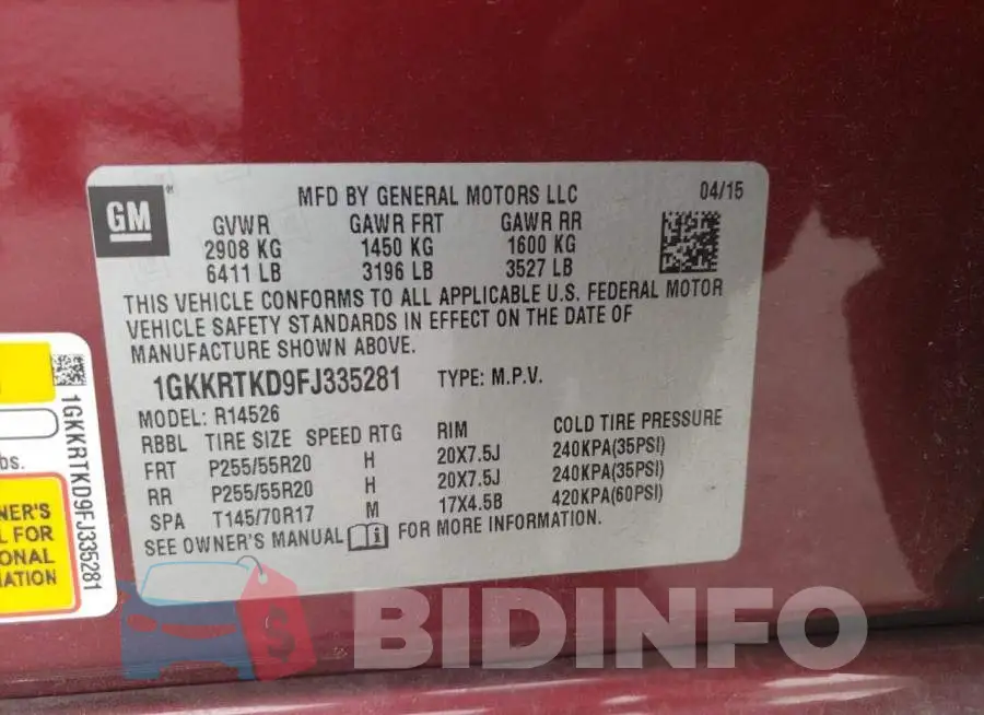 1GKKRTKD9FJ335281 Photo# 12