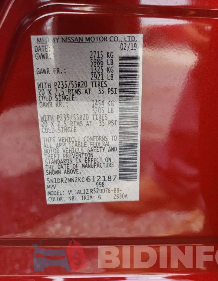 5N1DR2MN2KC612187 Photo# 13