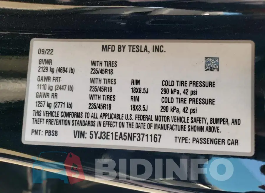 5YJ3E1EA5NF371167 Photo# 12