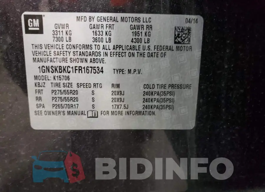 1GNSKBKC1FR167534 Photo# 13