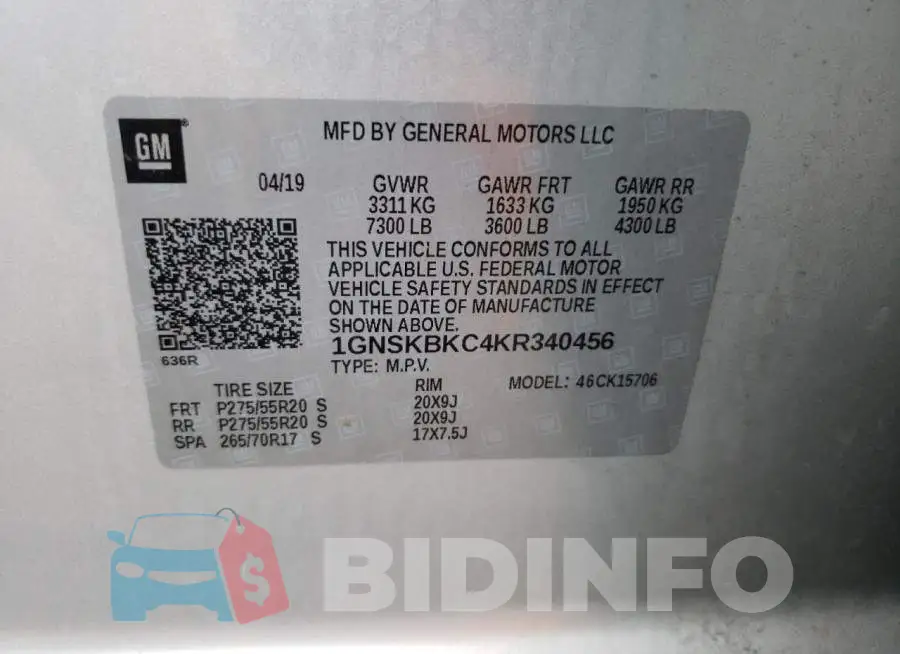 1GNSKBKC4KR340456 Photo# 13