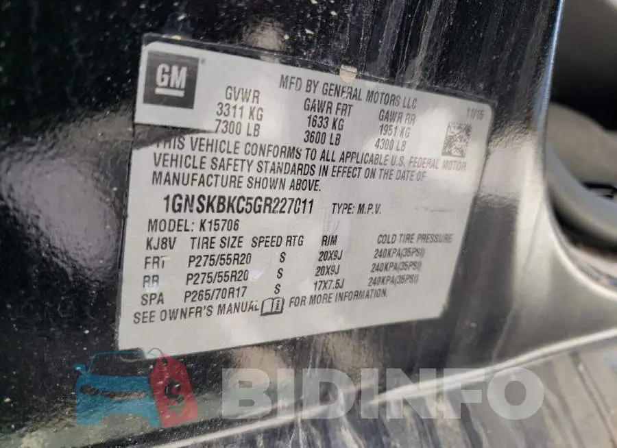 1GNSKBKC5GR227011 Photo# 13