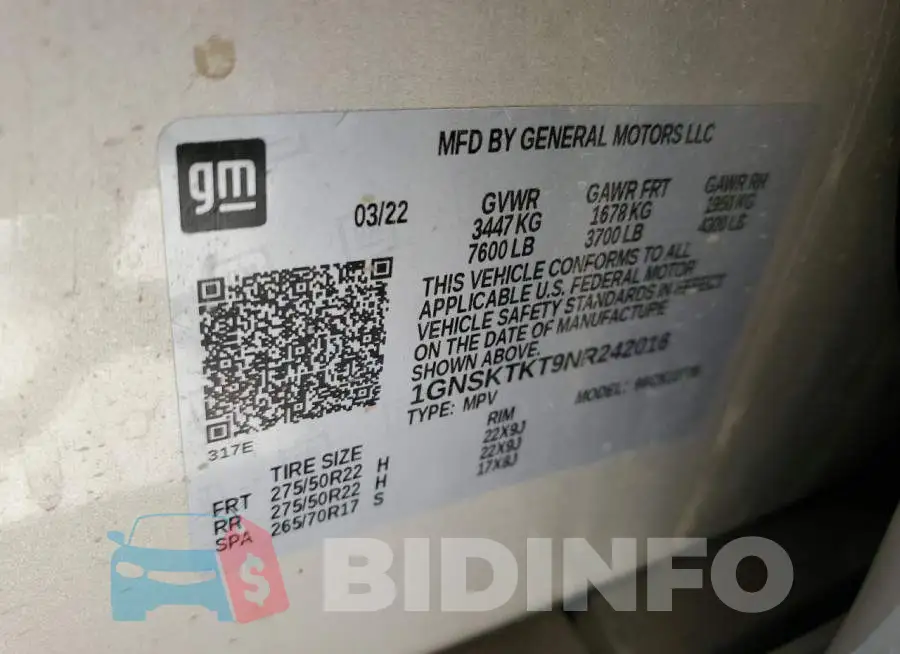 1GNSKTKT9NR242016 Photo# 12