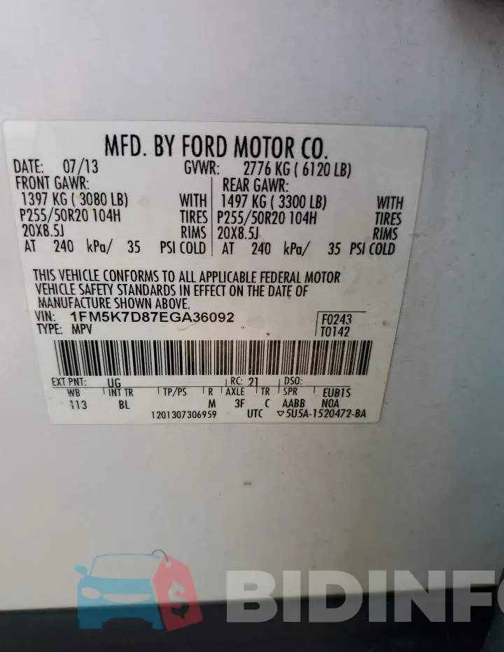 1FM5K7D87EGA36092 Photo# 13