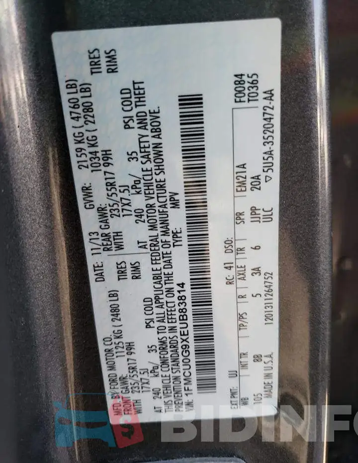 1FMCU0G9XEUB83814 Photo# 10