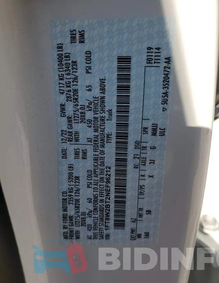 1FT8W2BT2NEF96212 Photo# 12