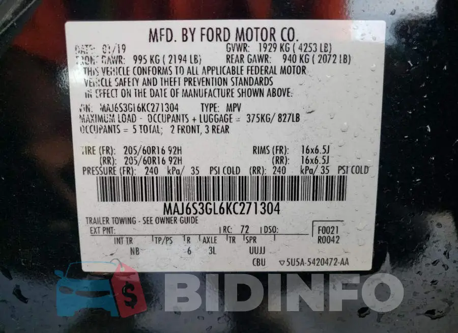 MAJ6S3GL6KC271304 Photo# 14