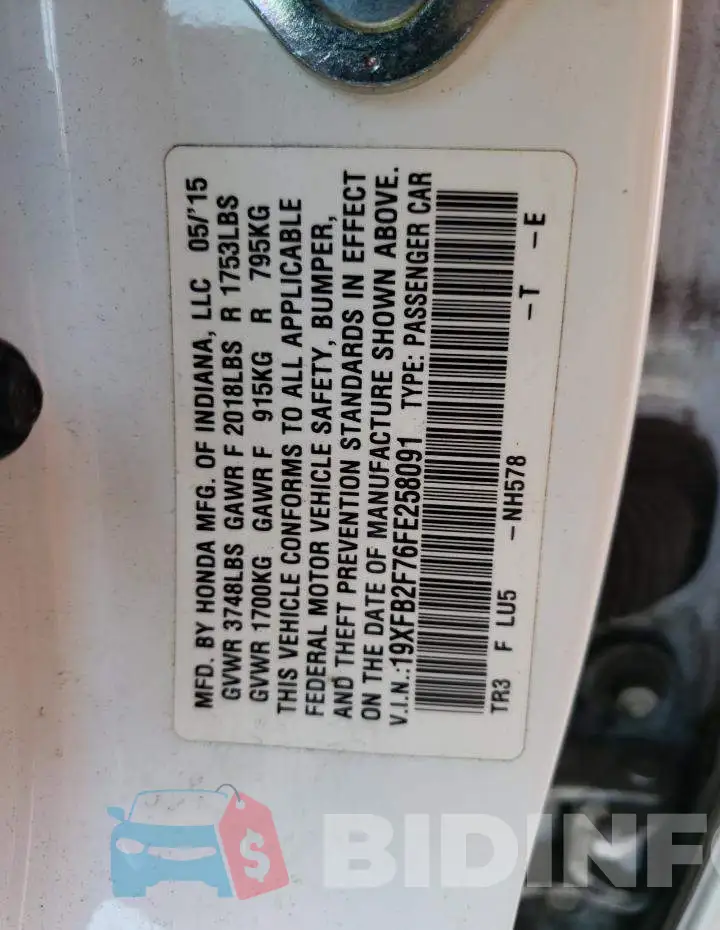 19XFB2F76FE258091 Photo# 12