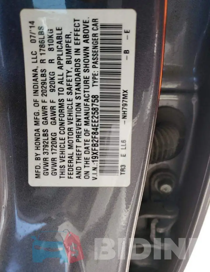 19XFB2F84EE258758 Photo# 12