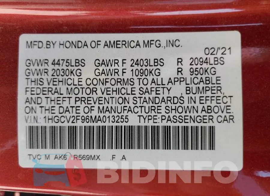 1HGCV2F96MA013255 Photo# 12