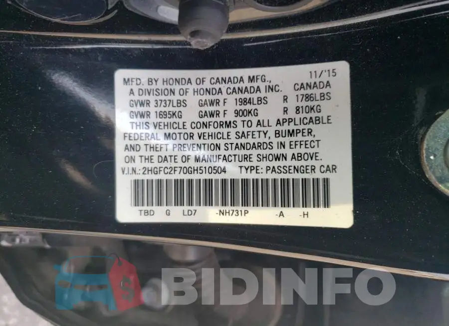 2HGFC2F70GH510504 Photo# 12