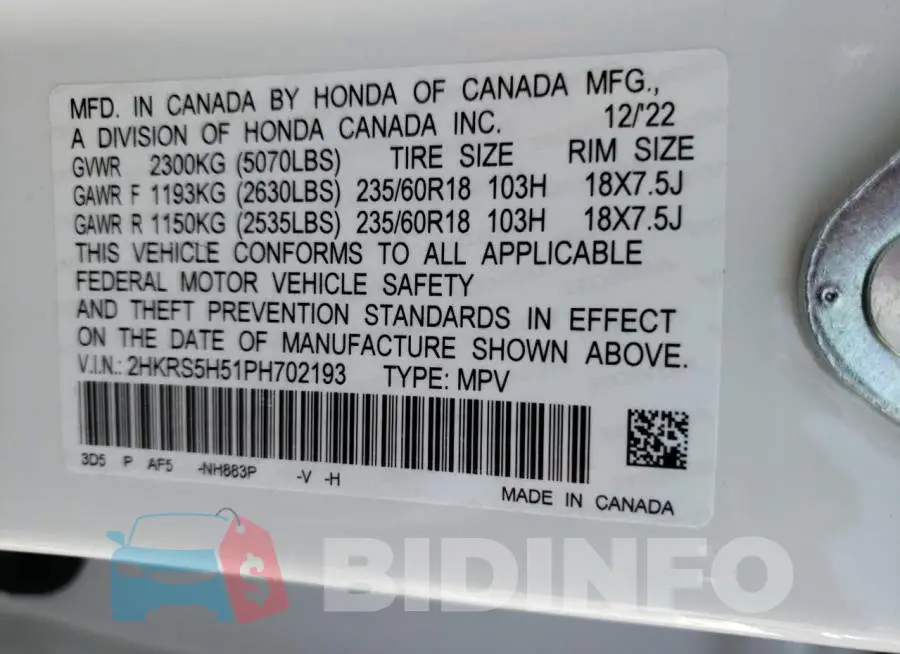 2HKRS5H51PH702193 Photo# 14