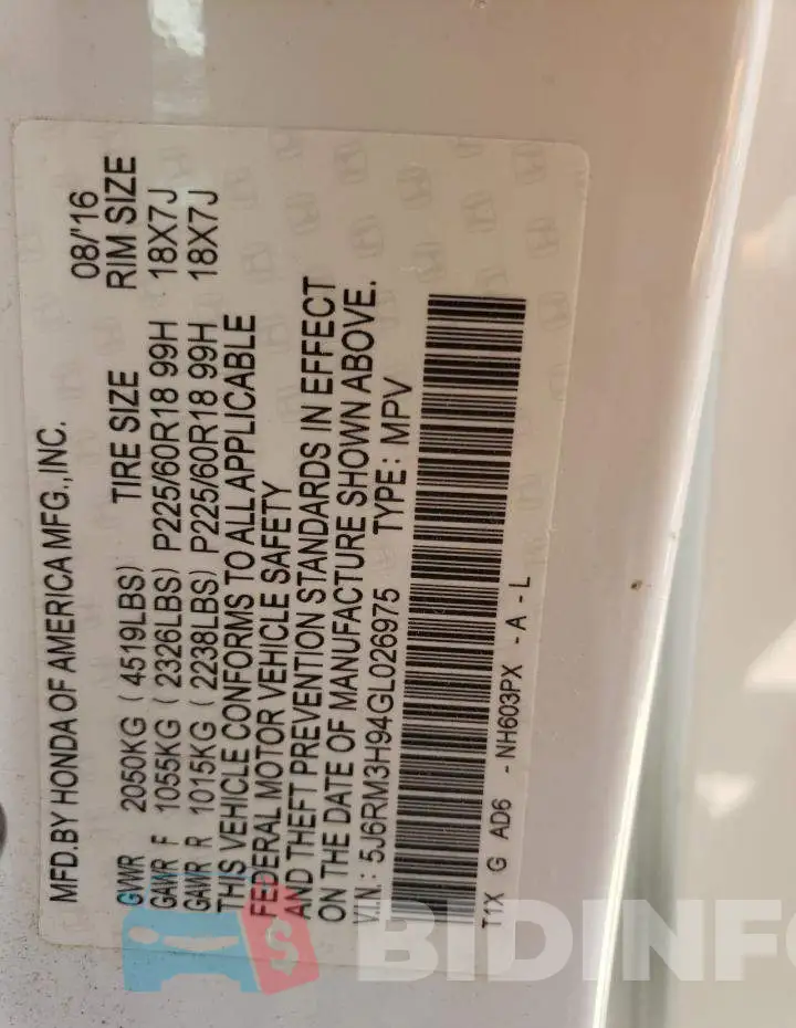 5J6RM3H94GL026975 Photo# 13