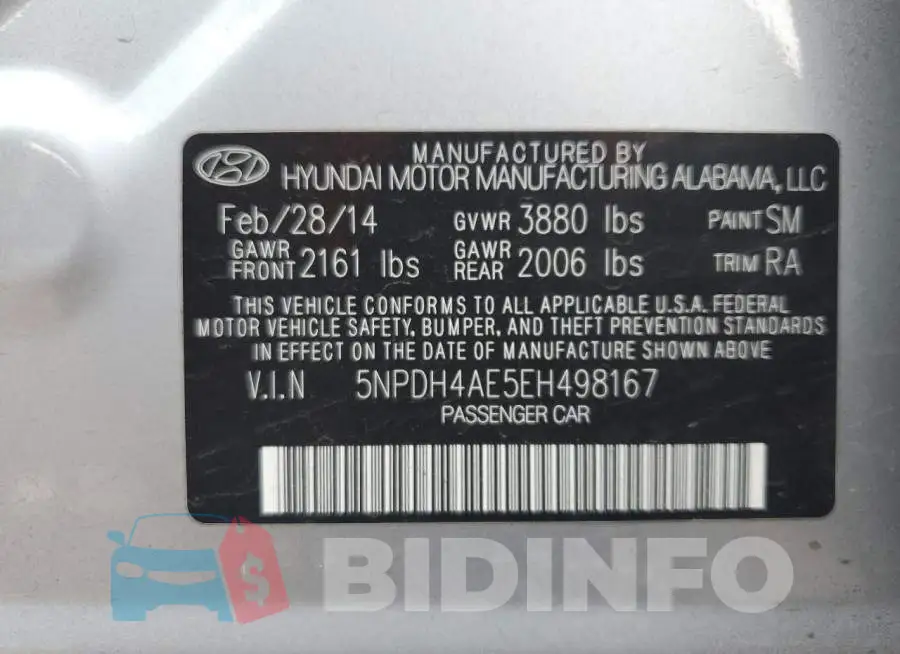 5NPDH4AE5EH498167 Photo# 12
