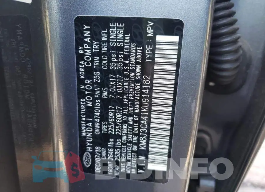 KM8J3CA41KU914182 Photo# 13