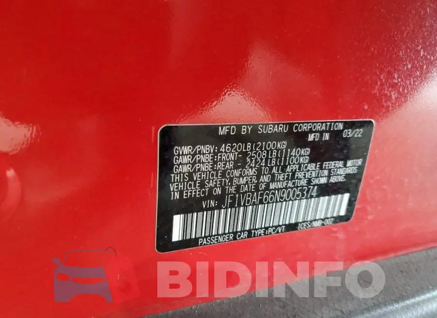 JF1VBAF66N9005374 Photo# 12