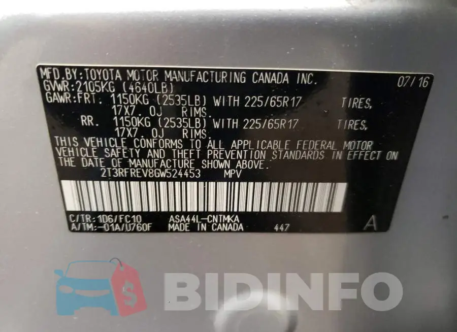 2T3RFREV8GW524453 Photo# 13