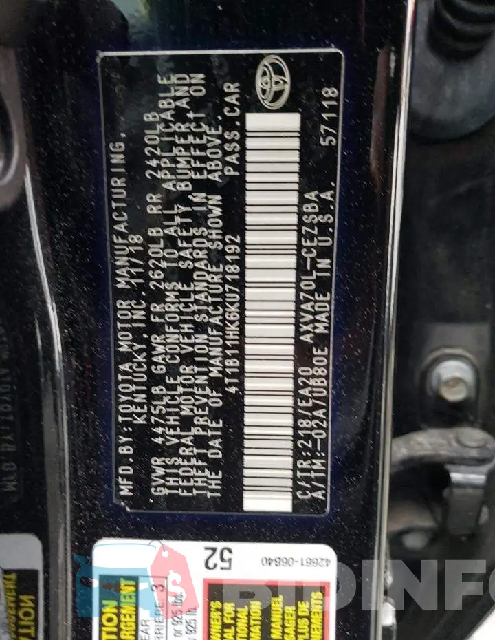 4T1B11HK6KU718192 Photo# 12