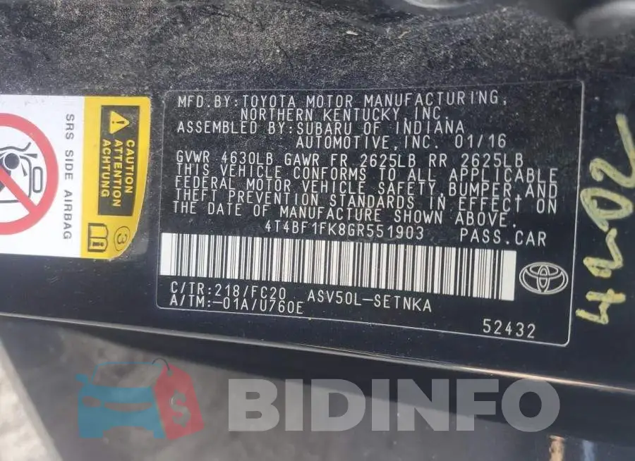 4T4BF1FK8GR551903 Photo# 12
