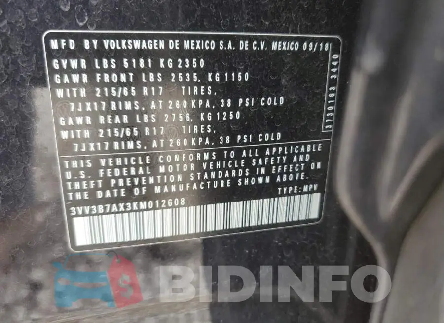 3VV3B7AX3KM012608 Photo# 13