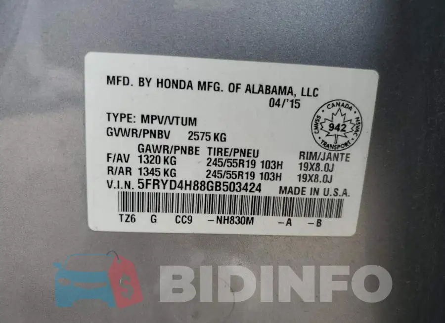 5FRYD4H88GB503424 Photo# 14