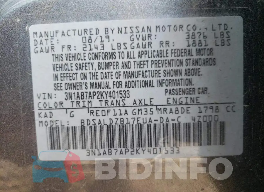 3N1AB7AP2KY401533 Photo# 13