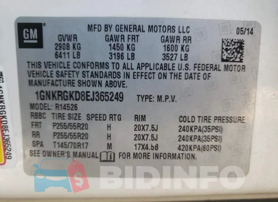 1GNKRGKD8EJ365249 Photo# 13