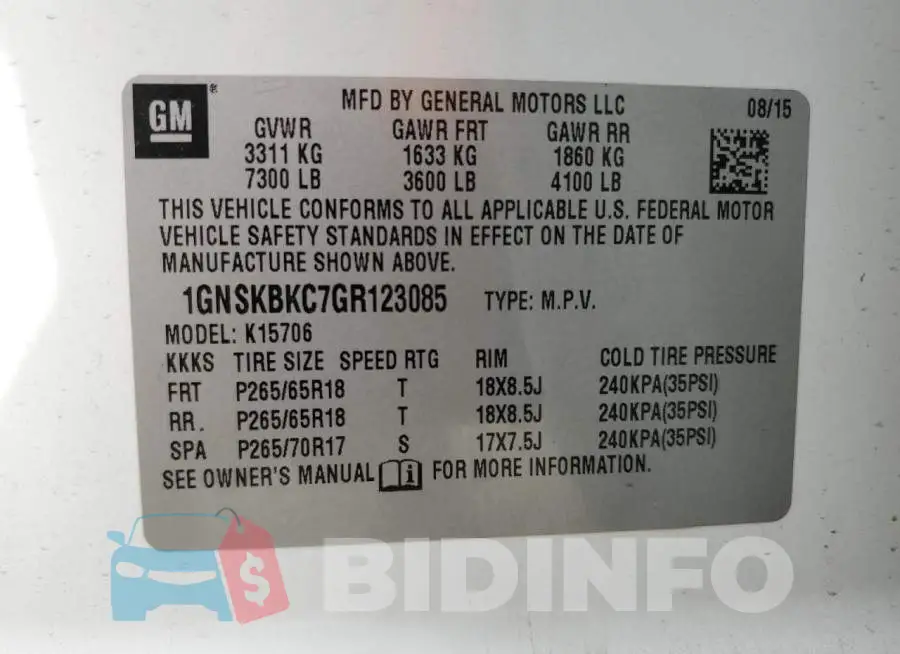 1GNSKBKC7GR123085 Photo# 14