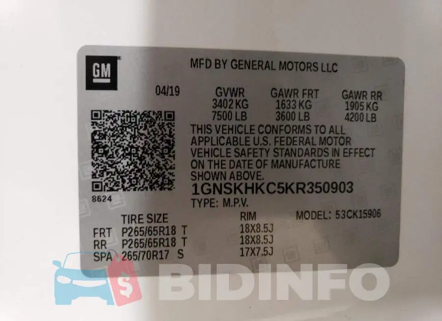 1GNSKHKC5KR350903 Photo# 13