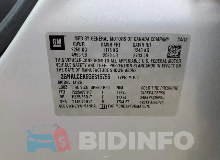 2GNALCEK6G6315756 Photo# 14