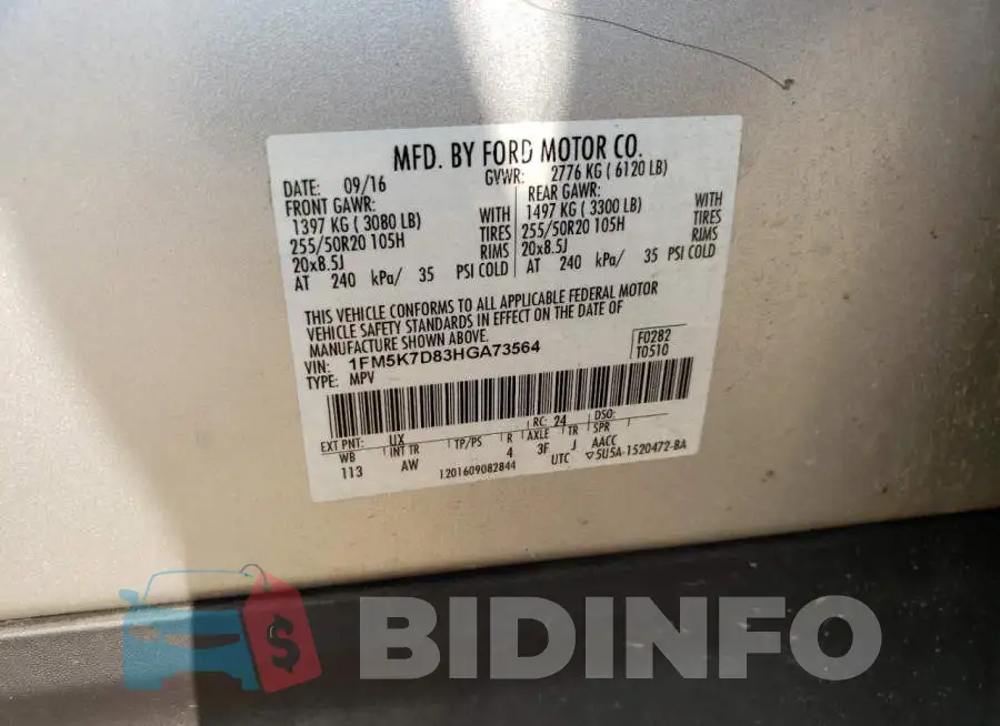 1FM5K7D83HGA73564 Photo# 13
