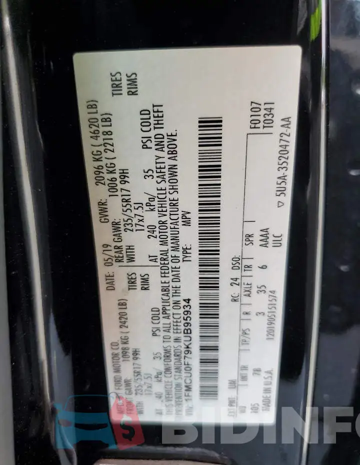 1FMCU0F79KUB95934 Photo# 13