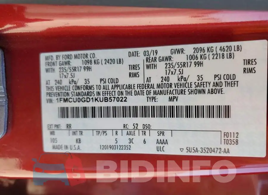 1FMCU0GD1KUB57022 Photo# 12