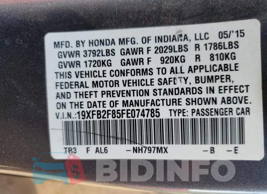 19XFB2F85FE074785 Photo# 12