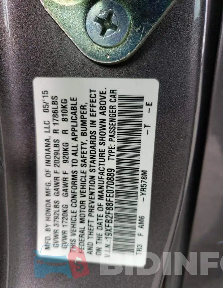 19XFB2F88FE070889 Photo# 12