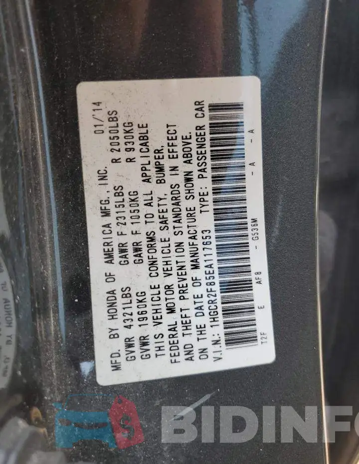 1HGCR2F85EA117653 Photo# 12