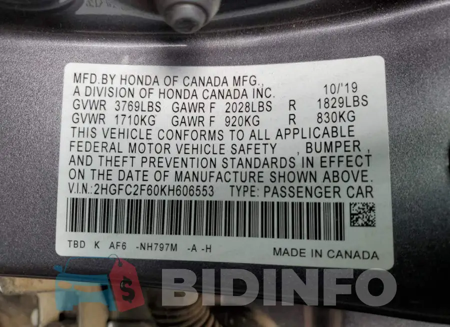 2HGFC2F60KH606553 Photo# 12