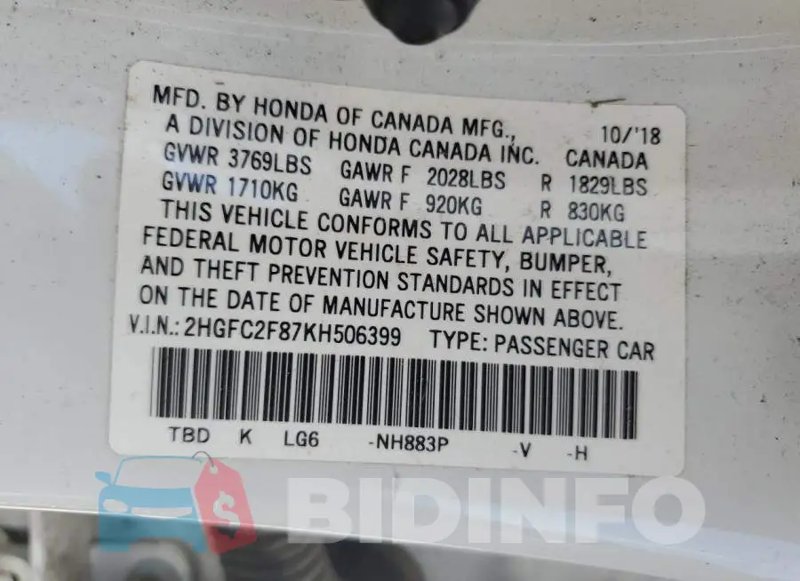 2HGFC2F87KH506399 Photo# 12