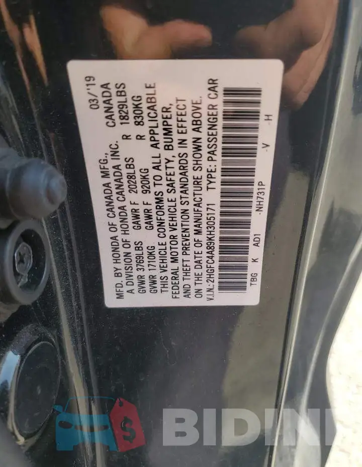 2HGFC4A89KH305171 Photo# 12
