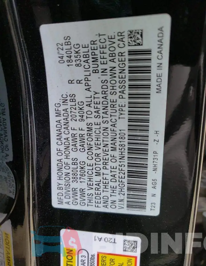2HGFE2F51NH581801 Photo# 12