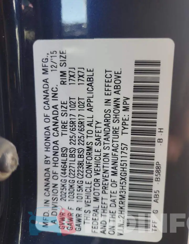 2HKRM3H5XGH511757 Photo# 12