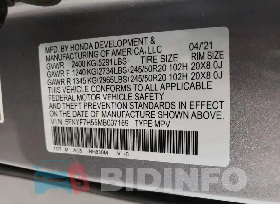 5FNYF7H55MB007169 Photo# 10