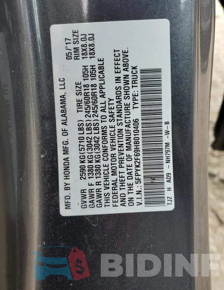 5FPYK2F69HB010406 Photo# 12