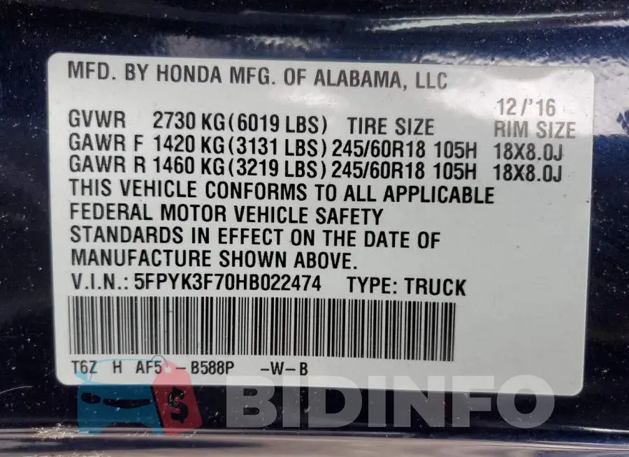 5FPYK3F70HB022474 Photo# 12