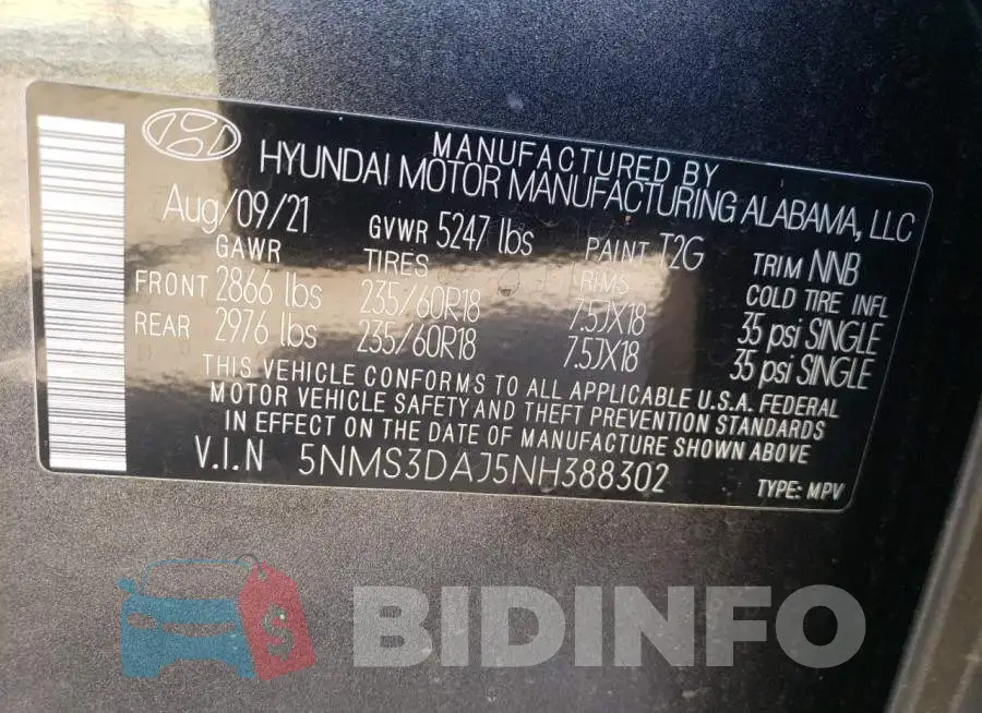 5NMS3DAJ5NH388302 Photo# 13