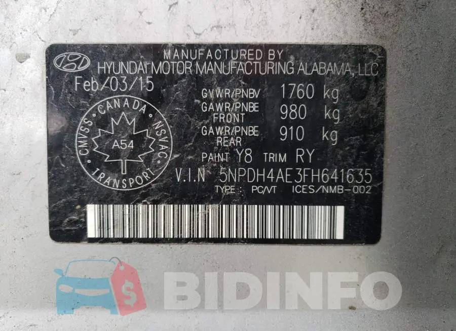 5NPDH4AE3FH641635 Photo# 12